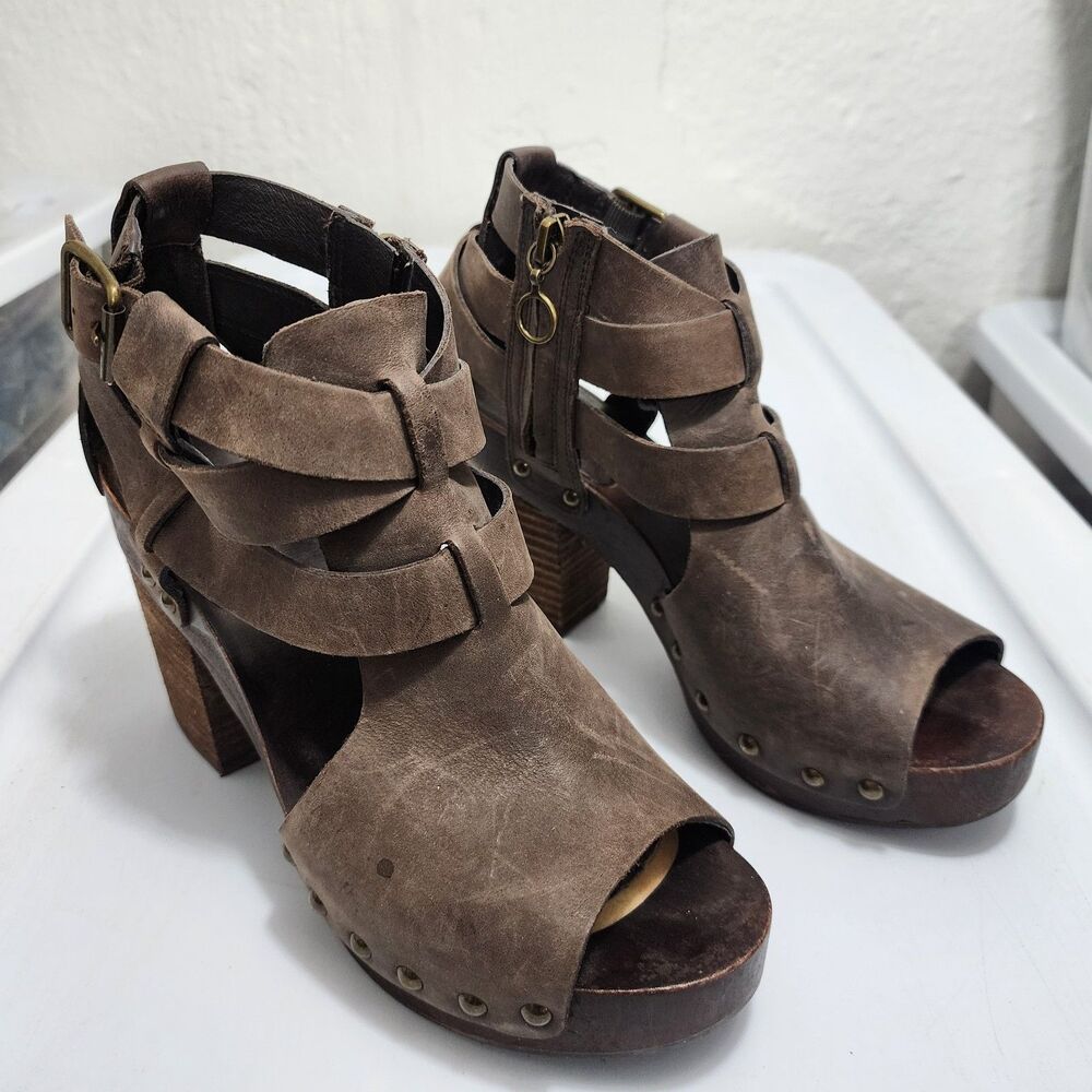 Ralph Lauren Denim & Supply Clog Booties Brown Leather Cutout Studded Open Toe 7